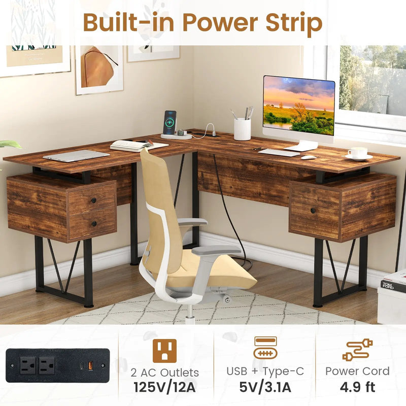 L-shaped Computer Desk with Power Outlets and 3 Storage Drawers-Rustic Brown by DirectDeals