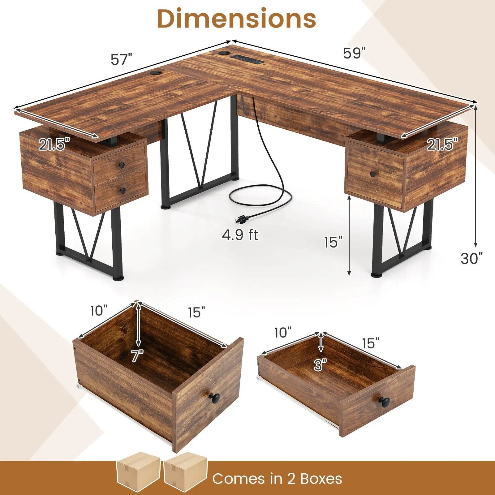 L-shaped Computer Desk with Power Outlets and 3 Storage Drawers-Rustic Brown by DirectDeals