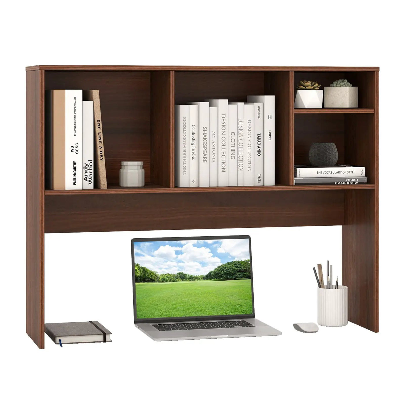 Computer Desktop Bookcase with 4 Cubbies and Open Back Compartment by DirectDeals