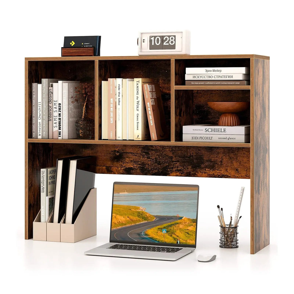 Computer Desktop Bookcase with 4 Cubbies and Open Back Compartment by DirectDeals