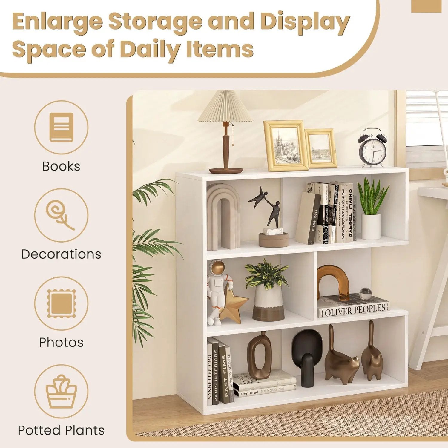 Concave Bookshelf with 3 Open Shelves and Anti-Tip Device by DirectDeals