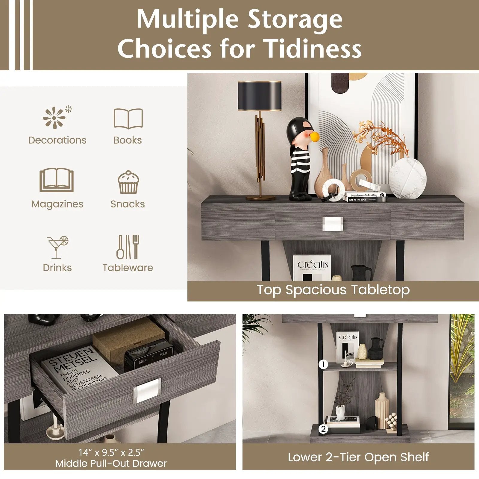 Console Table with Drawer and 2-Tier Shelves for Entryway Living Room by DirectDeals