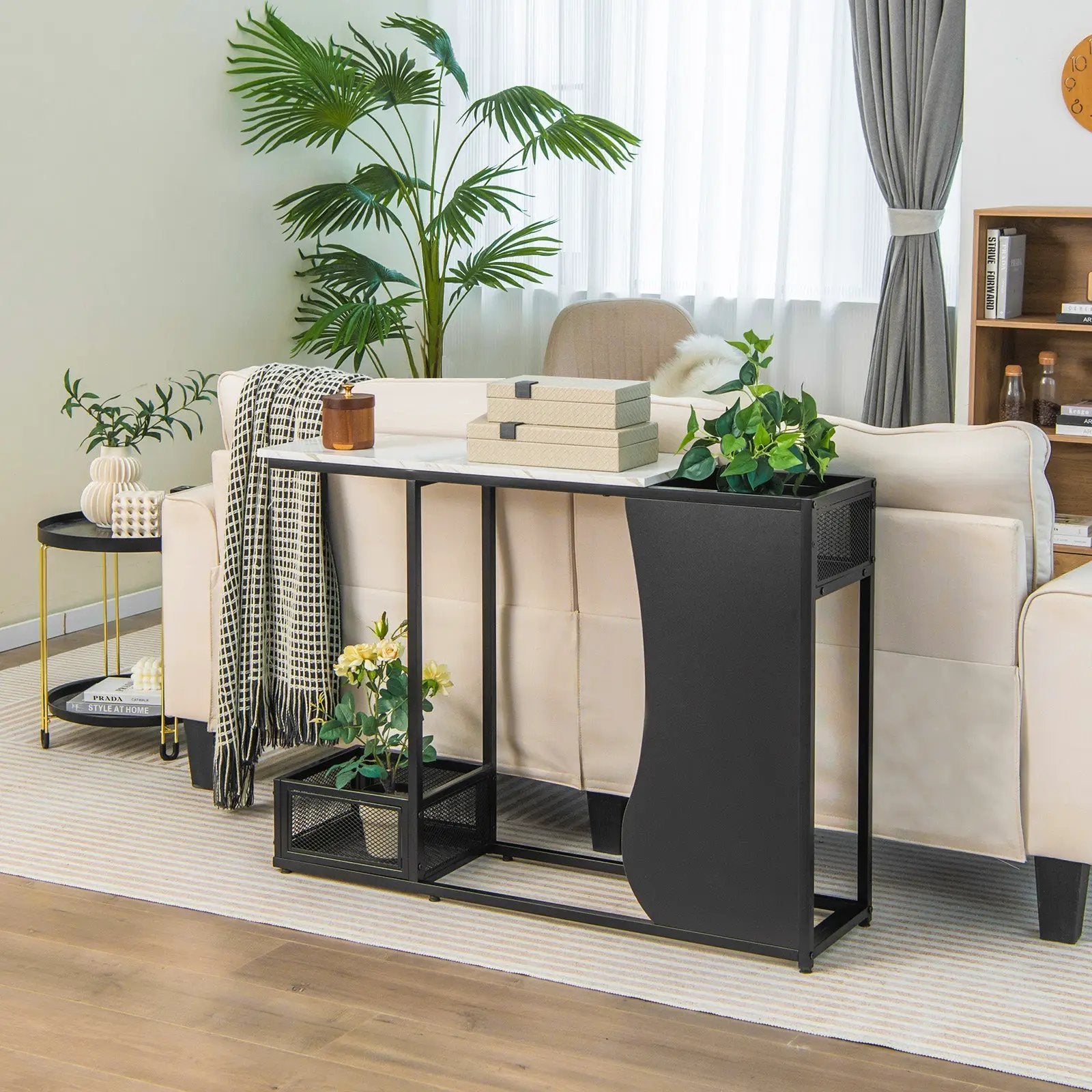 43.5 Inch Console Table with Plant Position and Faux Marble Top-Black by DirectDeals