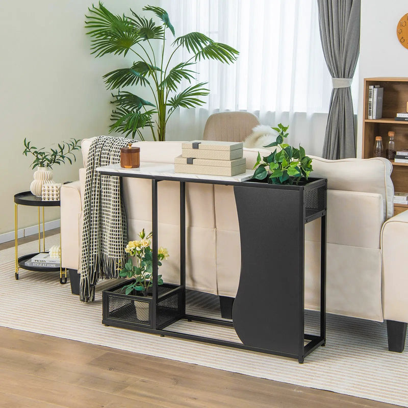 43.5 Inch Console Table with Plant Position and Faux Marble Top-Black by DirectDeals