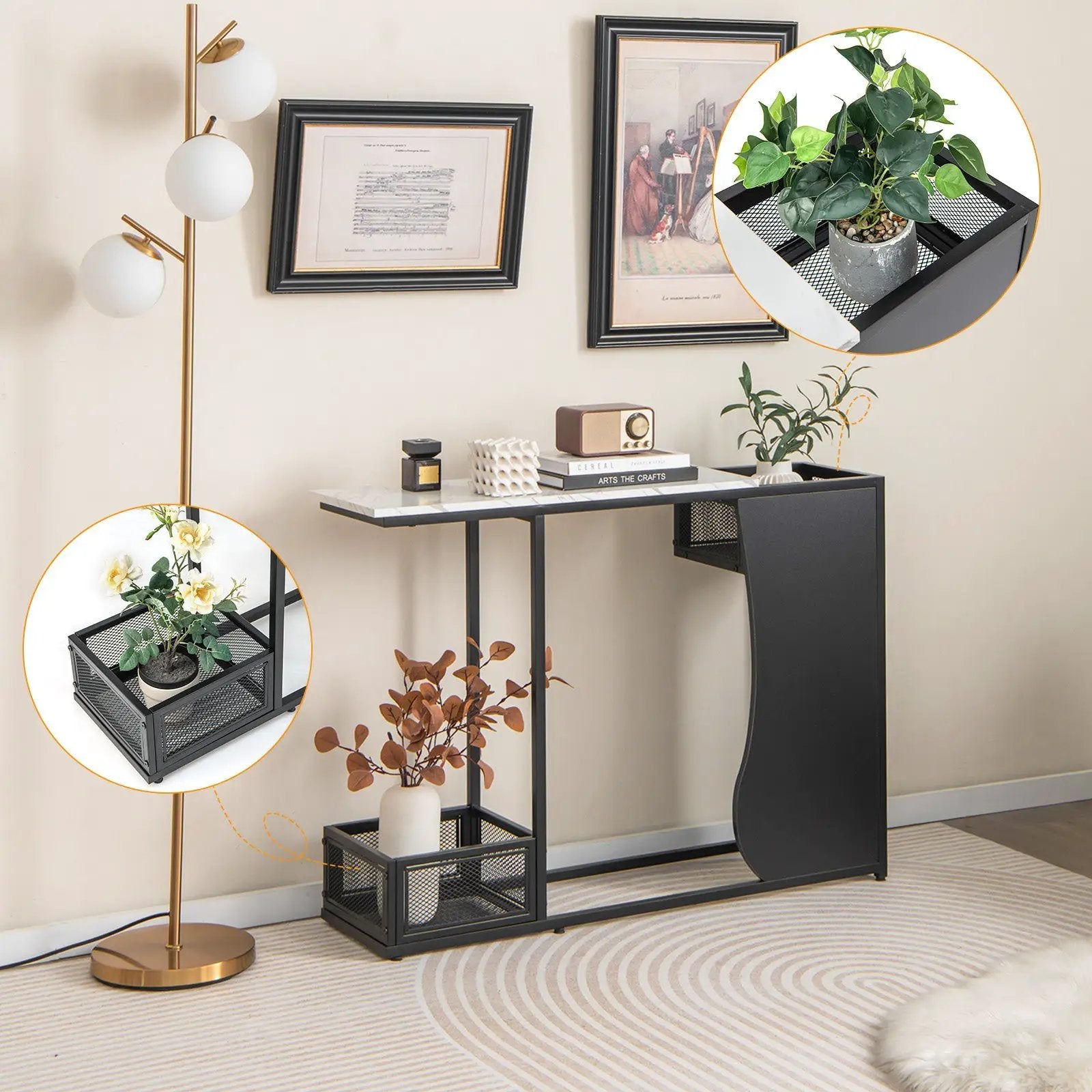 43.5 Inch Console Table with Plant Position and Faux Marble Top-Black by DirectDeals