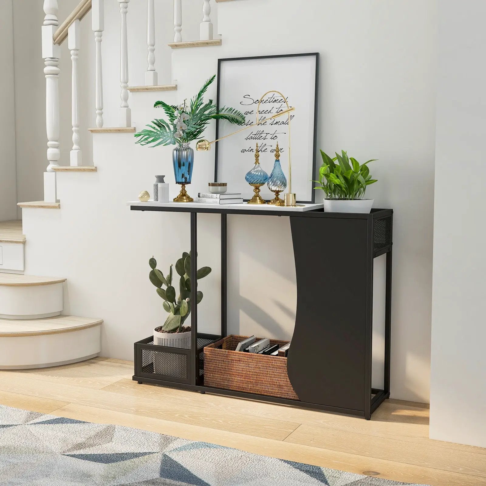 43.5 Inch Console Table with Plant Position and Faux Marble Top-Black by DirectDeals