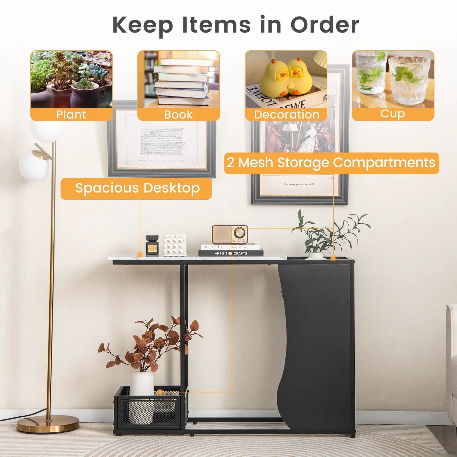 43.5 Inch Console Table with Plant Position and Faux Marble Top-Black by DirectDeals