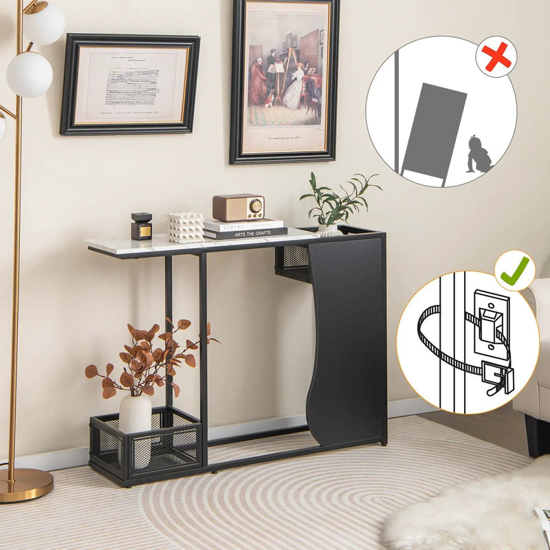 43.5 Inch Console Table with Plant Position and Faux Marble Top-Black by DirectDeals