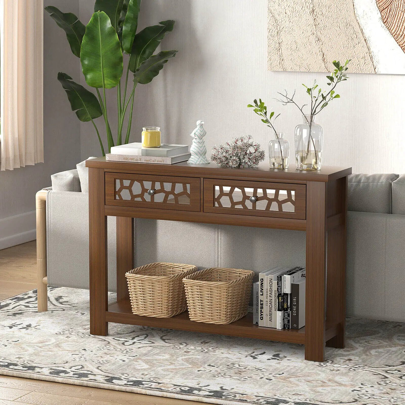 2-Tier Console Table with Drawers and Open Storage Shelf