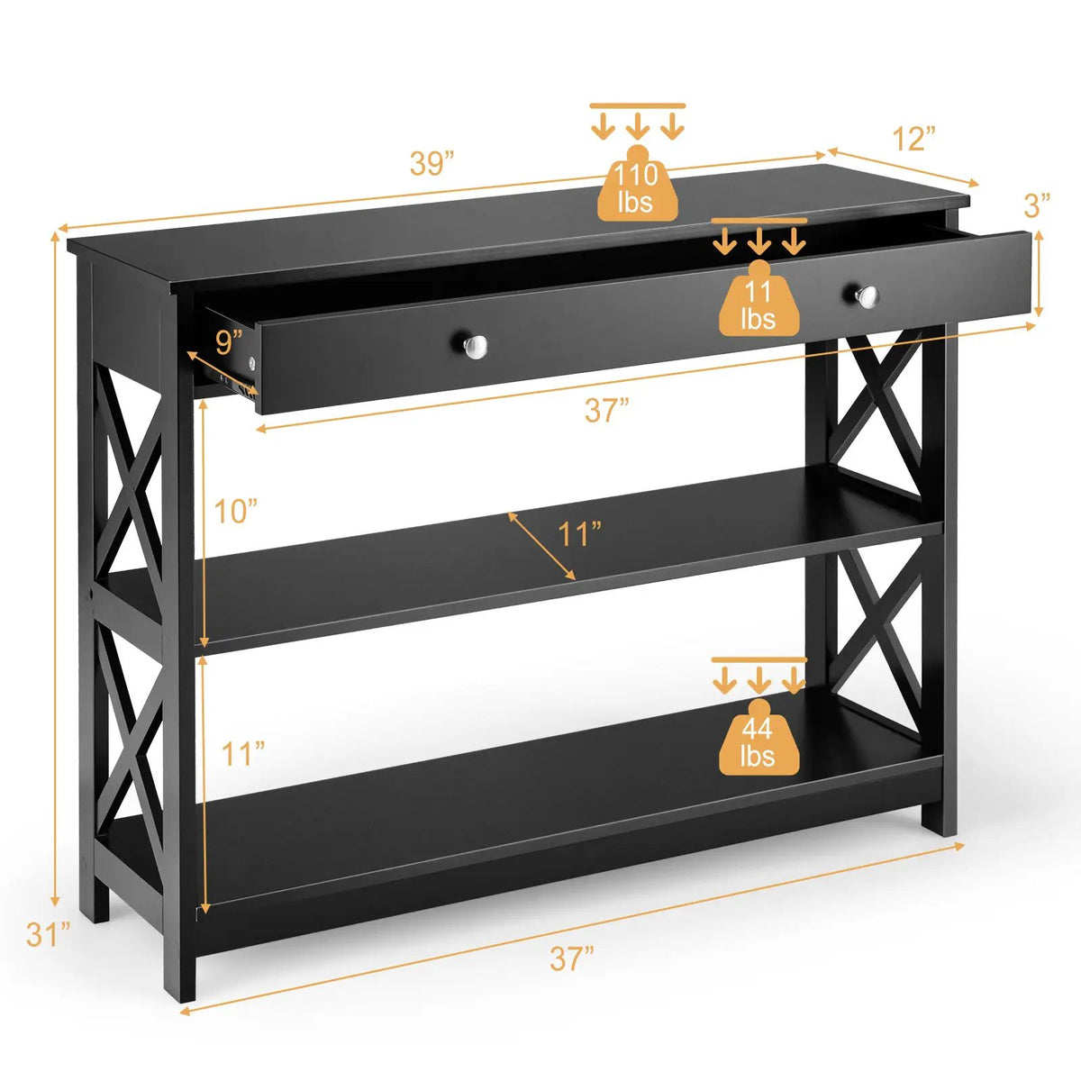 Console Table 3-Tier with Drawer and Storage Shelves by DirectDeals
