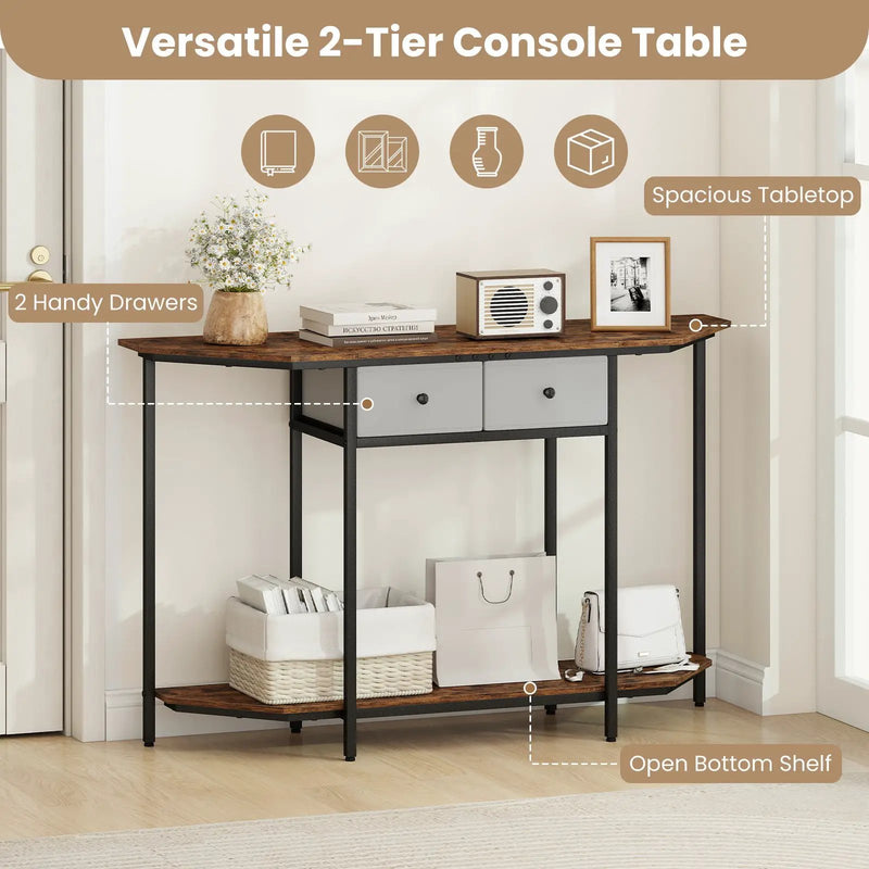 Console Table with 2 Drawers and Open Storage Shelf-Rustic Brown by DirectDeals