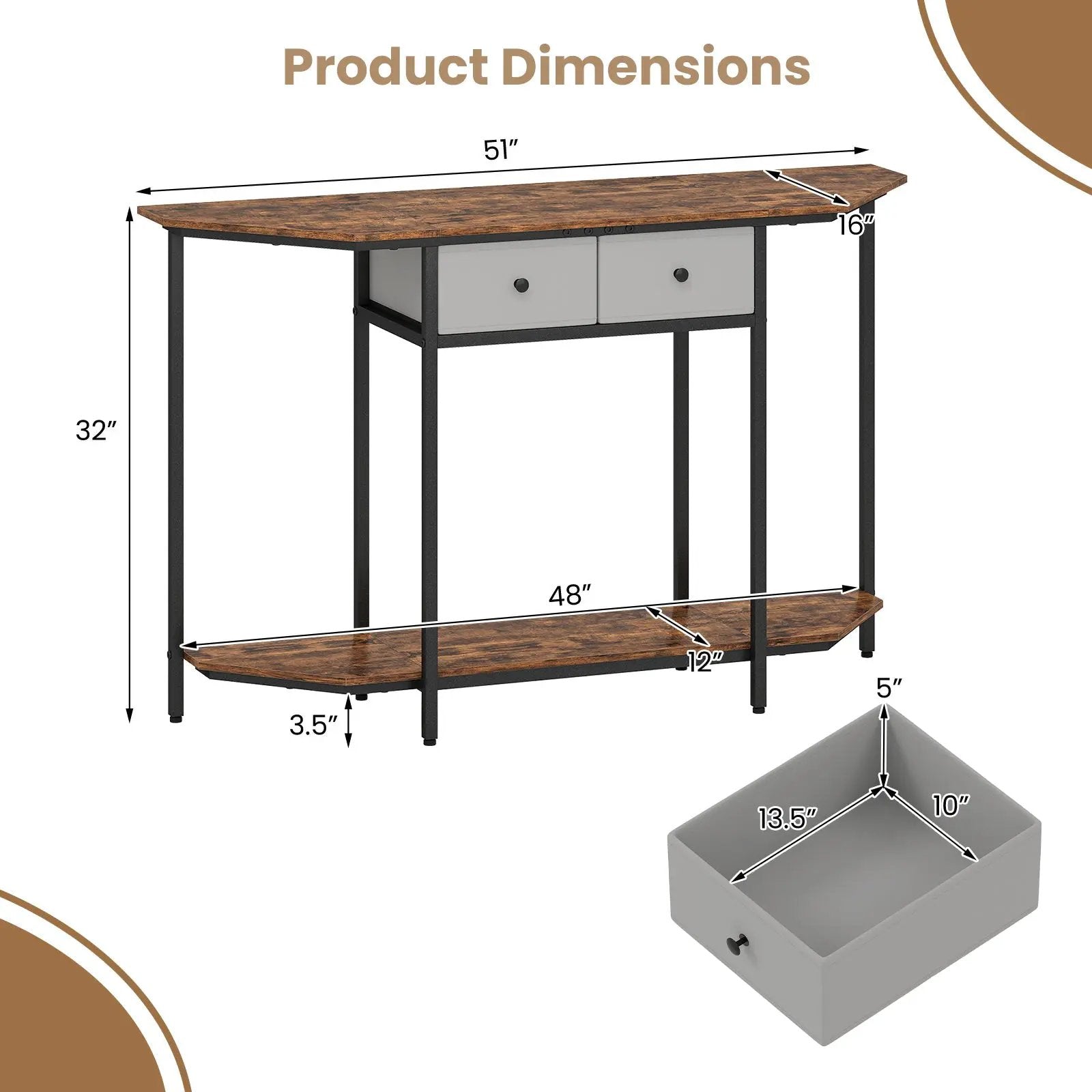 Console Table with 2 Drawers and Open Storage Shelf-Rustic Brown by DirectDeals