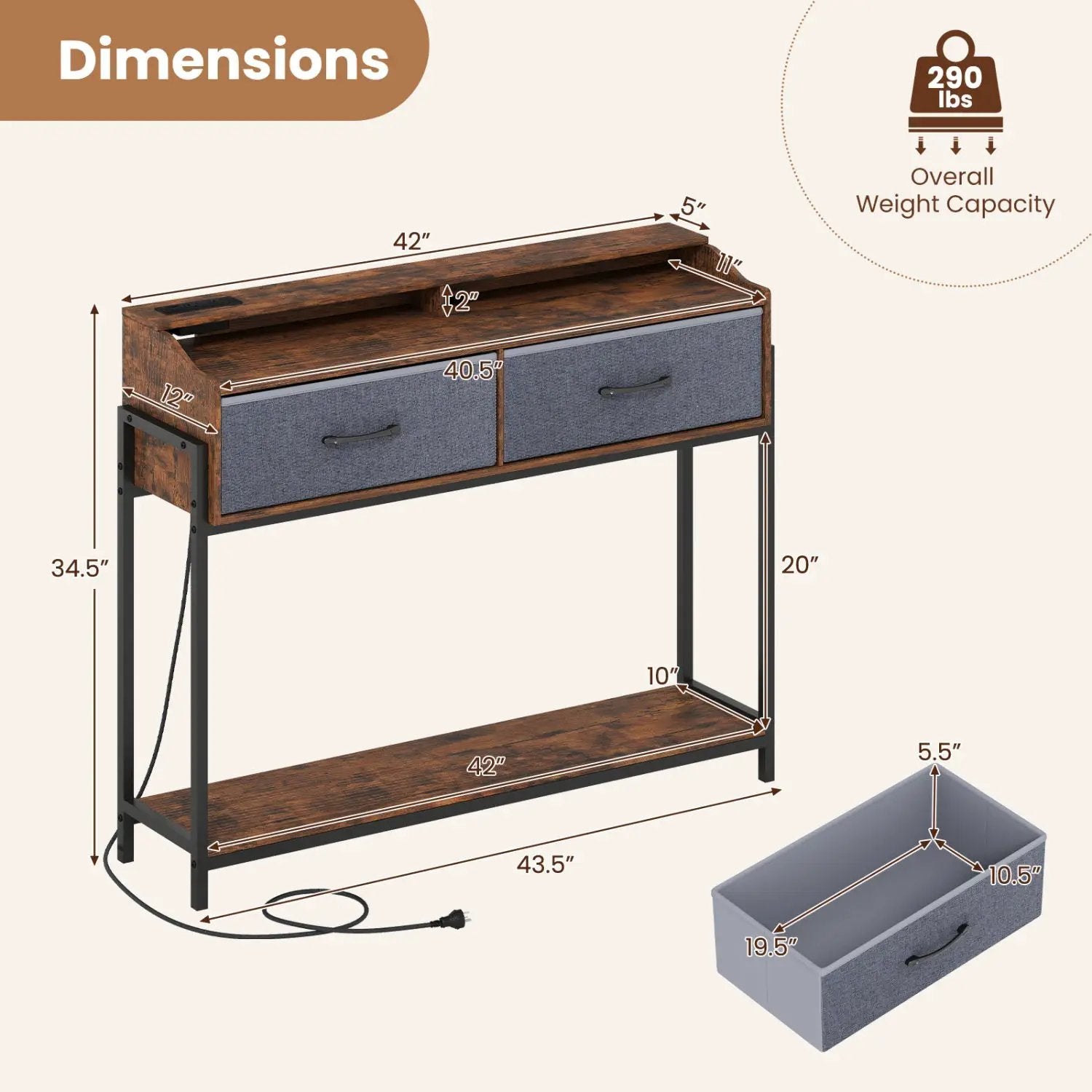 Console Table with Charging Station & 2 Drawers 110cm by DirectDeals