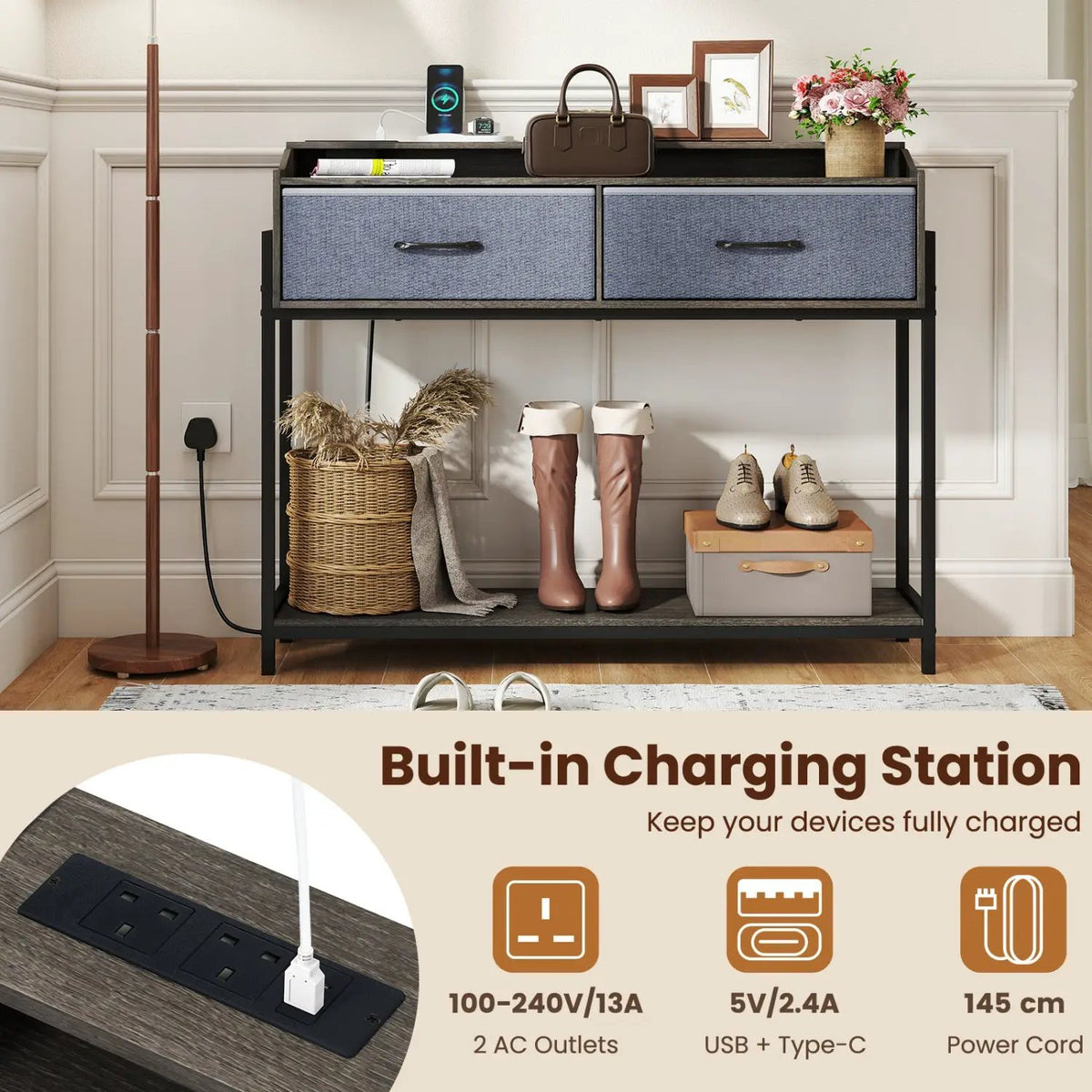 Console Table with Charging Station & 2 Drawers 110cm by DirectDeals
