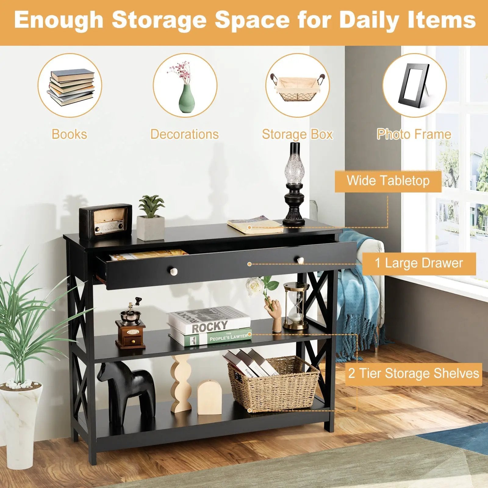Console Table 3-Tier with Drawer and Storage Shelves by DirectDeals