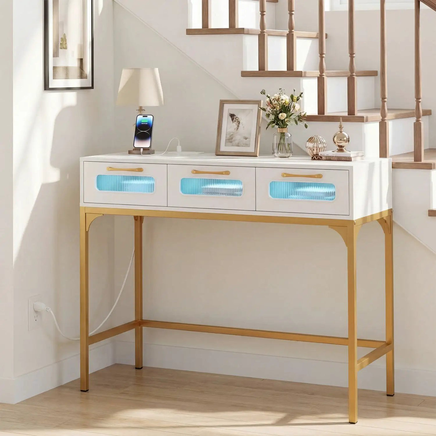 Console Table with LED Lighting and Charging Station for Living Room and Hallway by DirectDeals