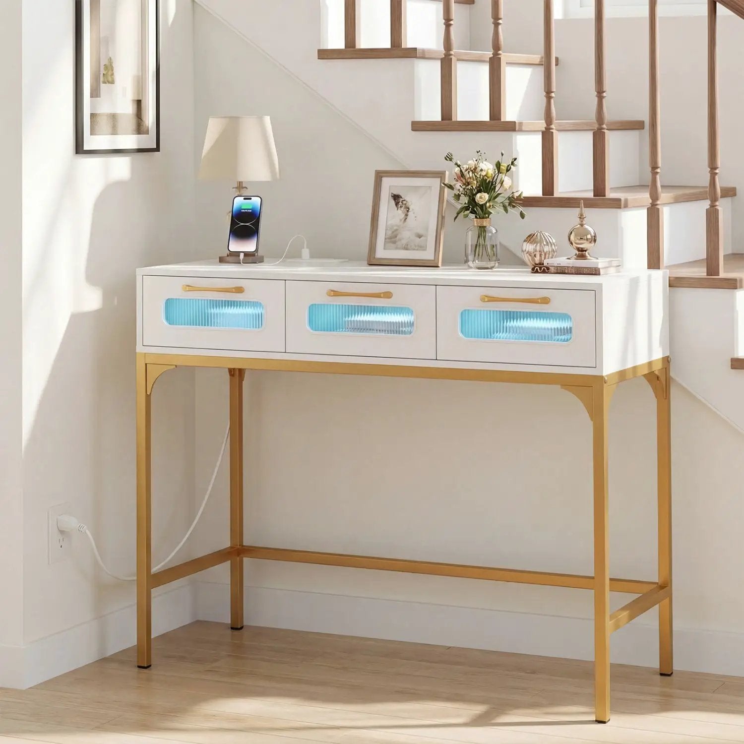 Console Table with LED Lighting and Charging Station for Living Room and Hallway by DirectDeals