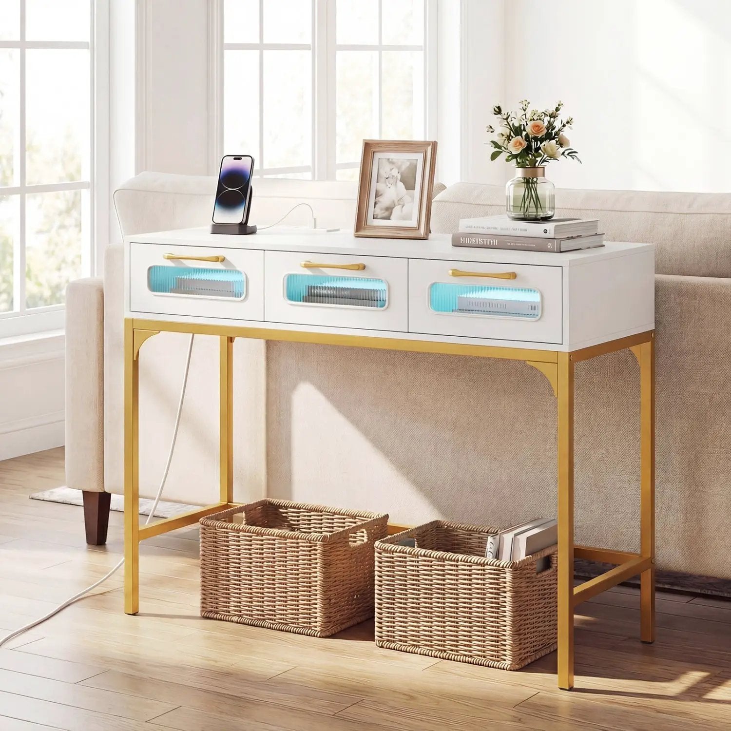 Console Table with LED Lighting and Charging Station for Living Room and Hallway by DirectDeals