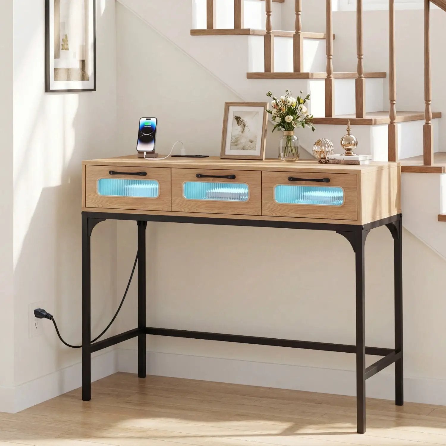 Console Table with LED Lighting and Charging Station for Living Room and Hallway by DirectDeals