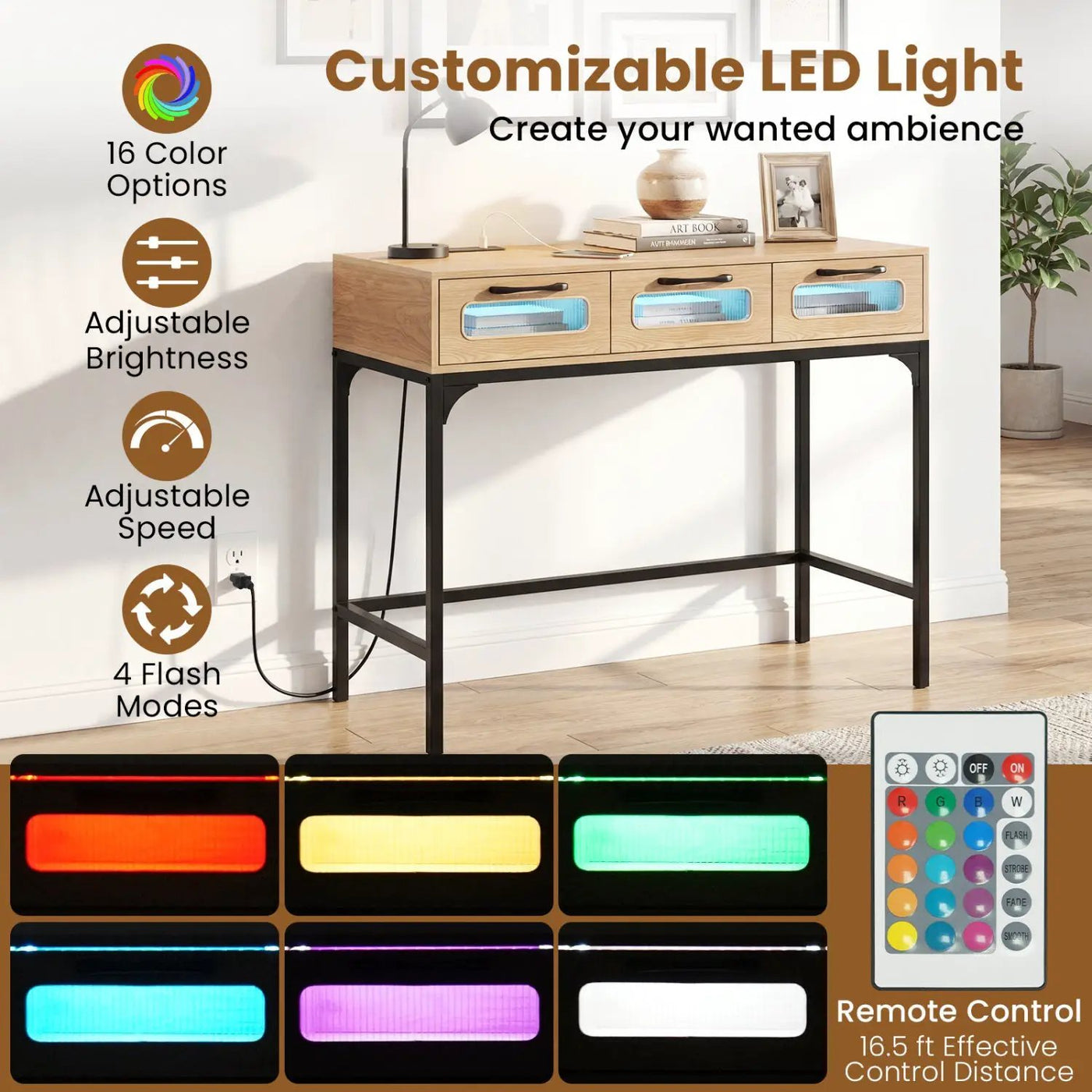 Console Table with LED Lighting and Charging Station for Living Room and Hallway by DirectDeals