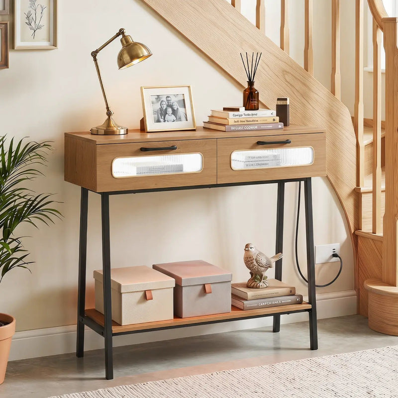 Console Table with LED Lights and Open Shelf - Natural by DirectDeals