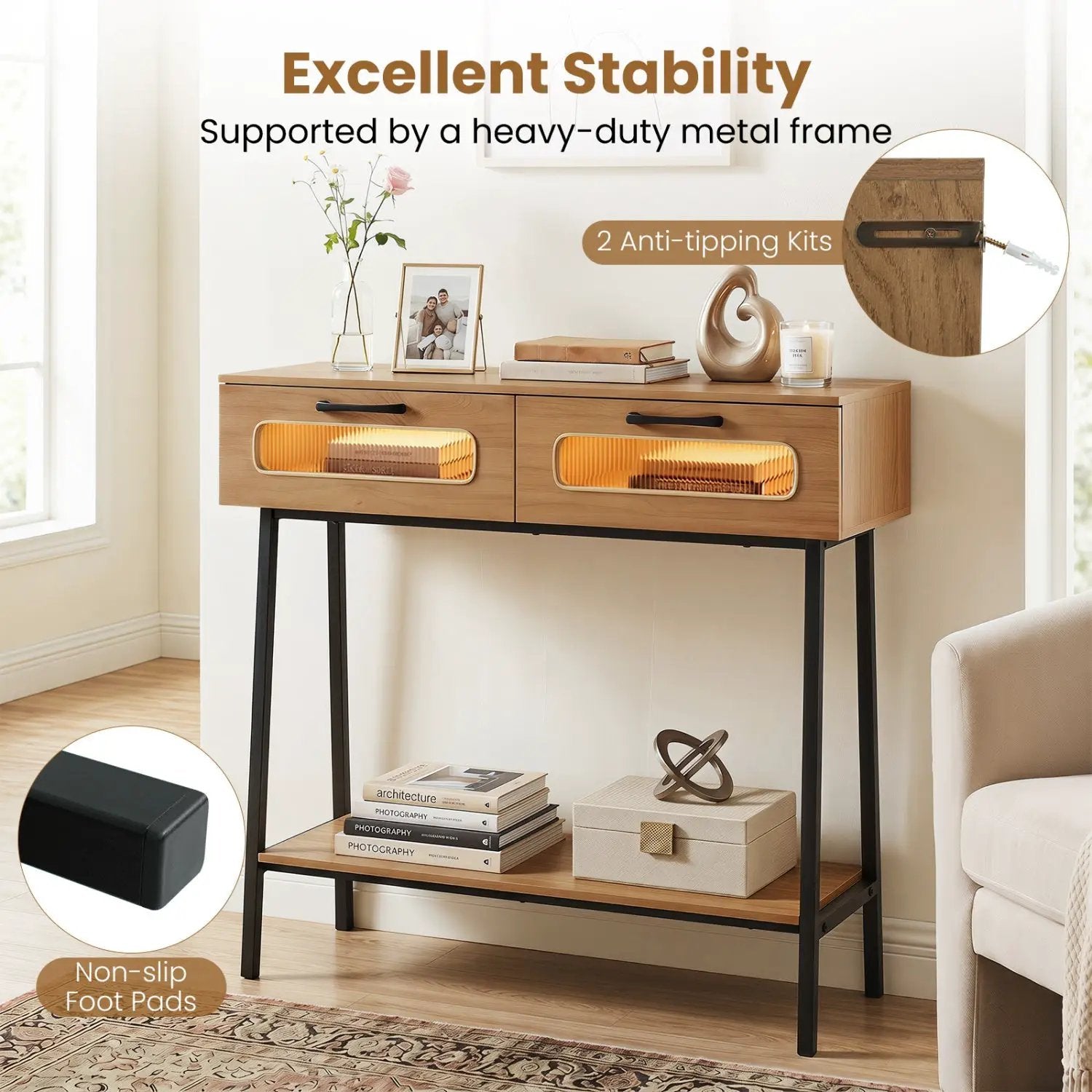Console Table with LED Lights and Open Shelf - Natural by DirectDeals