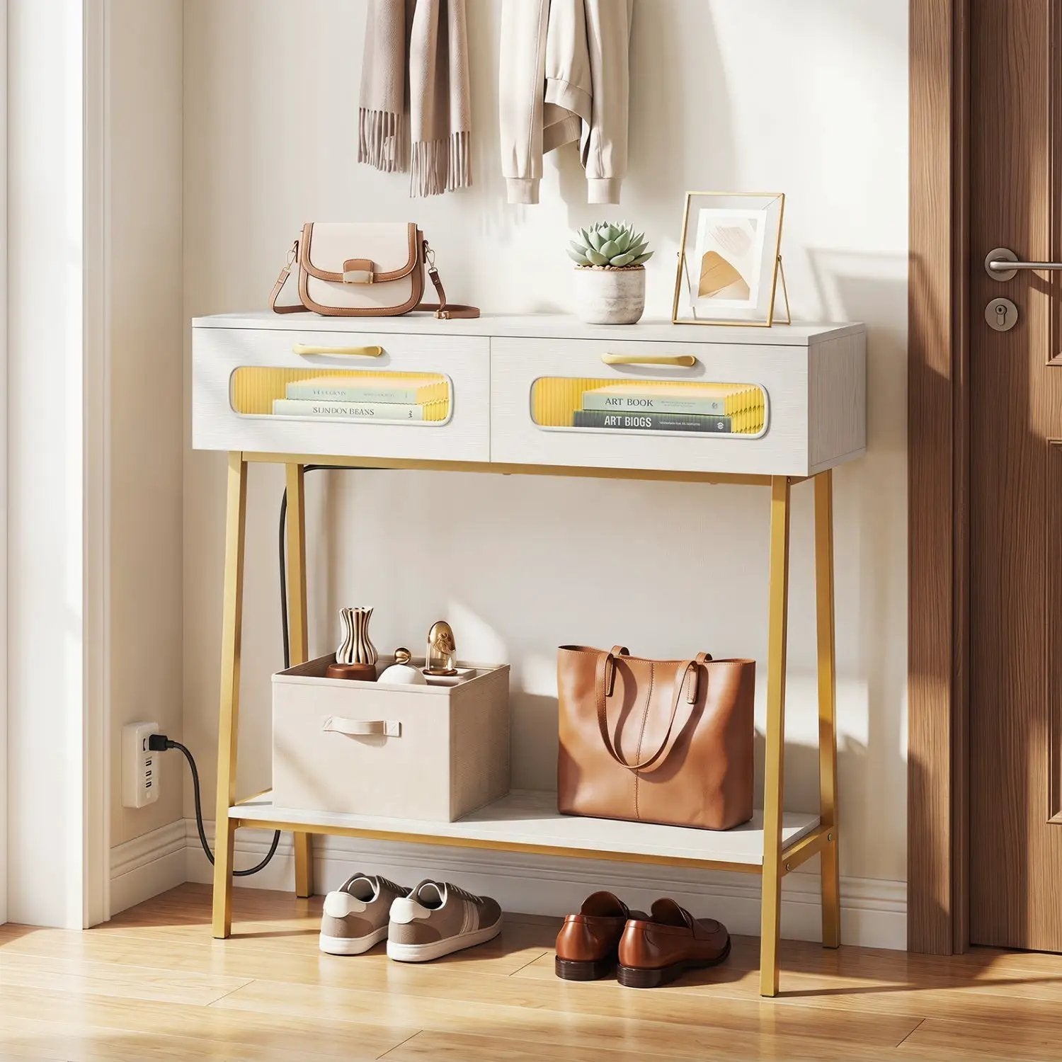 Console Table with LED Lights and Open Shelf - White & Gold by DirectDeals