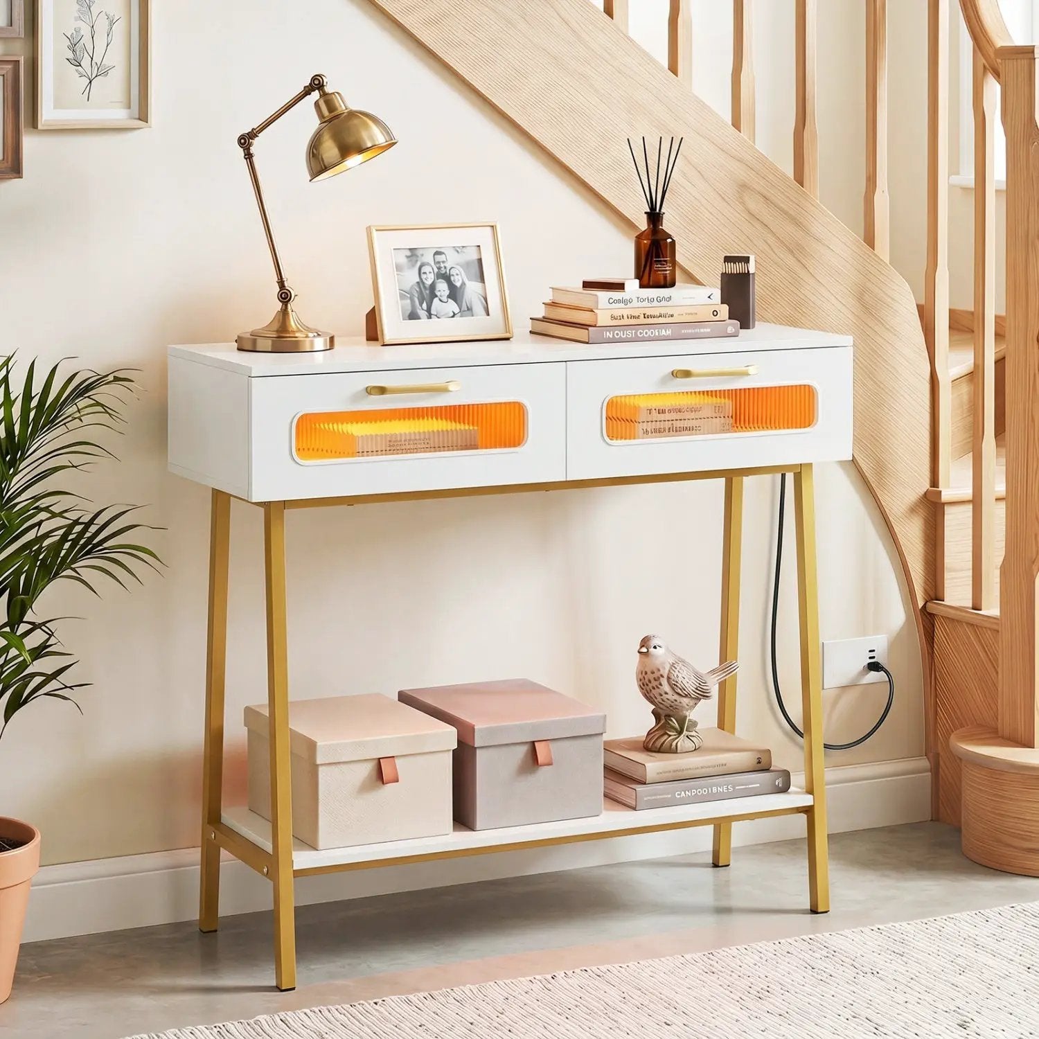 Console Table with LED Lights and Open Shelf - White & Gold by DirectDeals