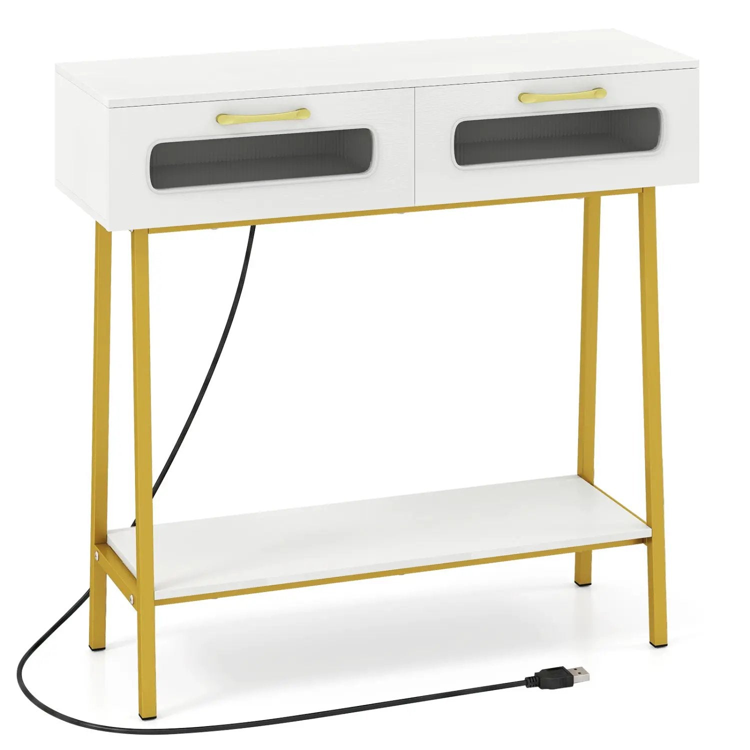 Console Table with LED Lights and Open Shelf - White & Gold by DirectDeals