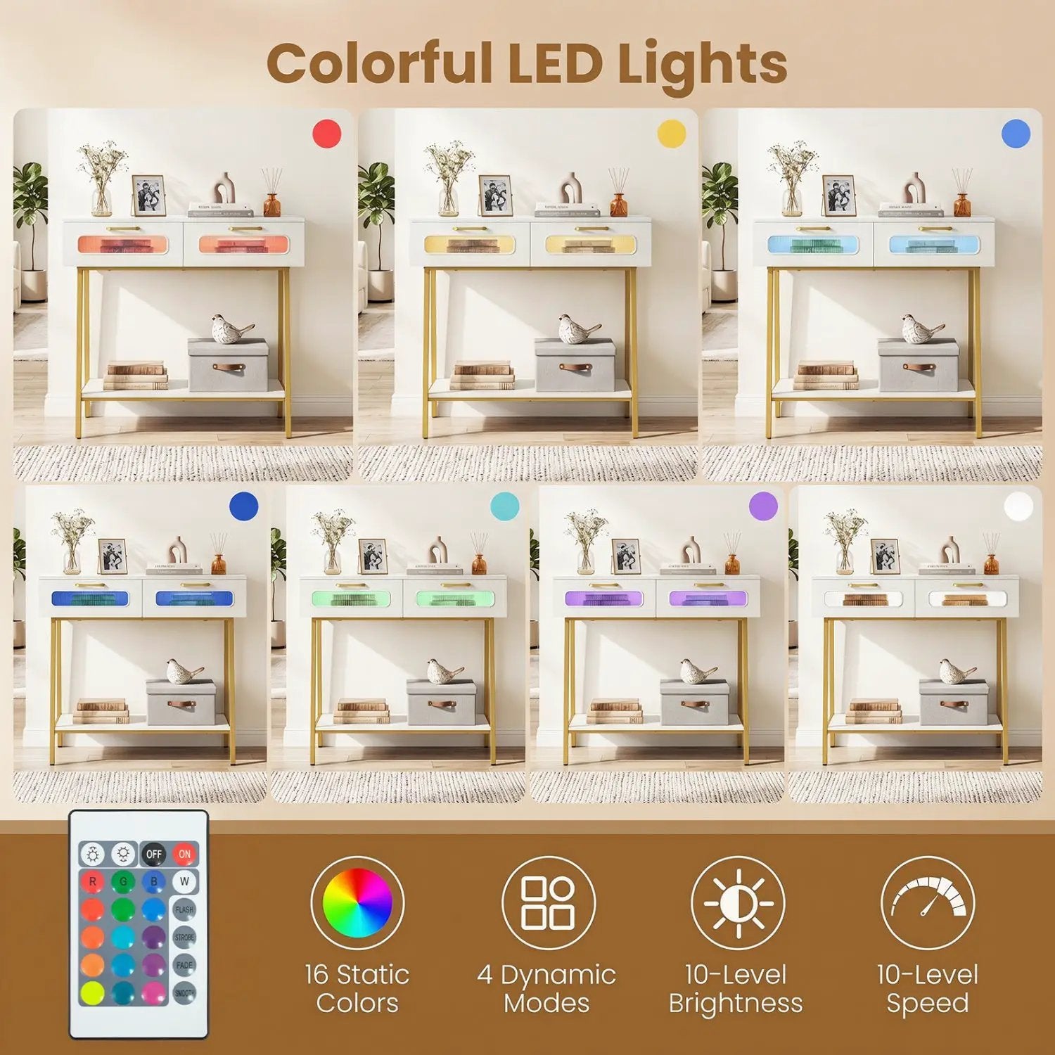Console Table with LED Lights and Open Shelf - White & Gold by DirectDeals