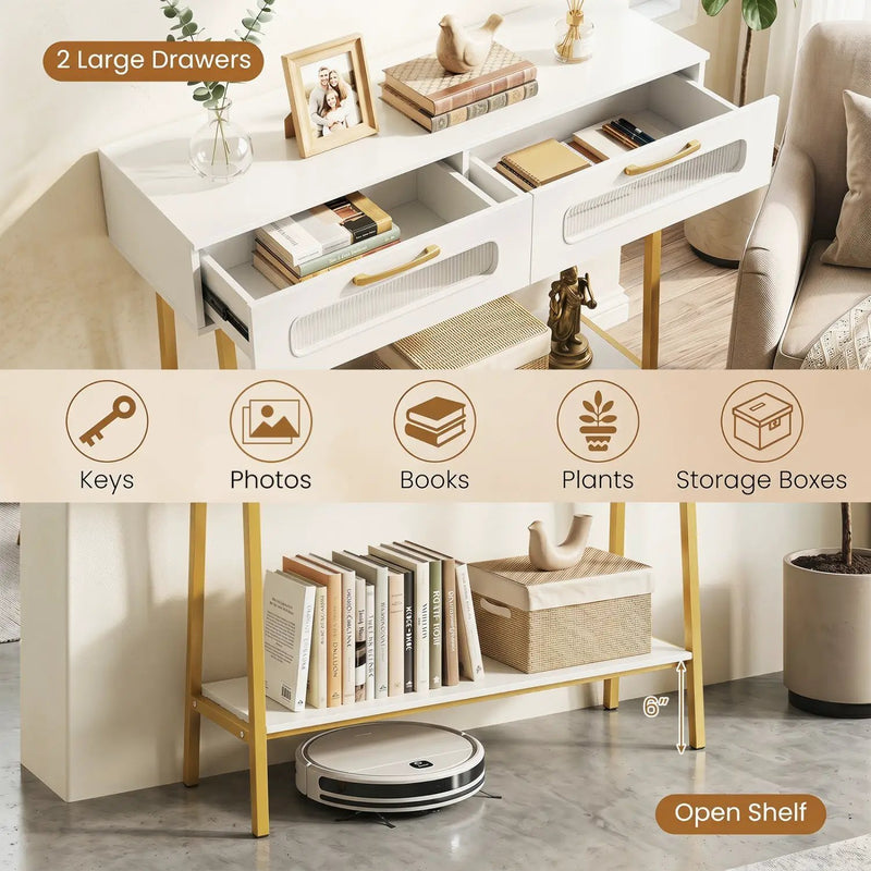 Console Table with LED Lights and Open Shelf - White & Gold by DirectDeals