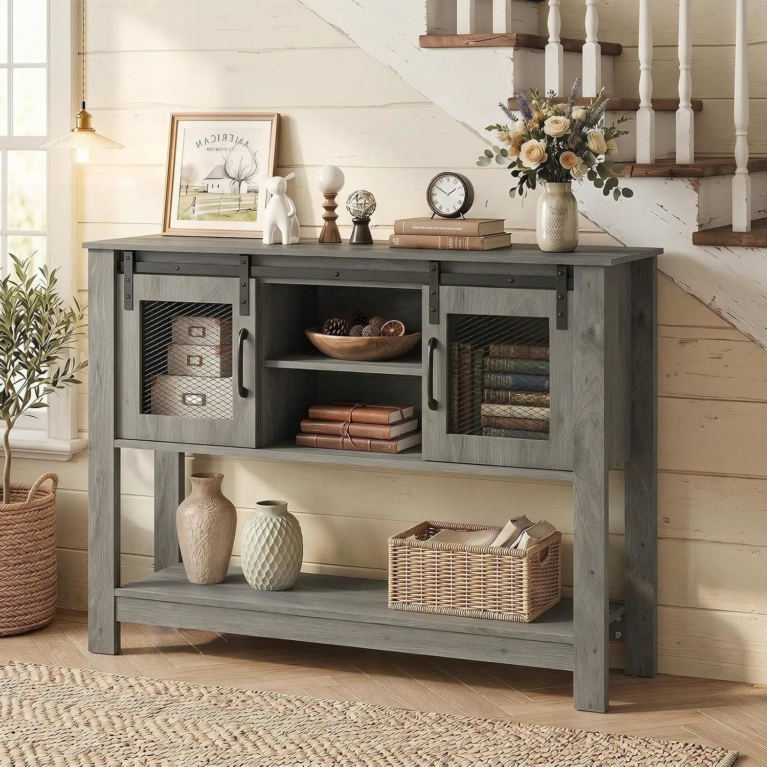 Console Table with Sliding Barn Doors and Storage - Gray by DirectDeals
