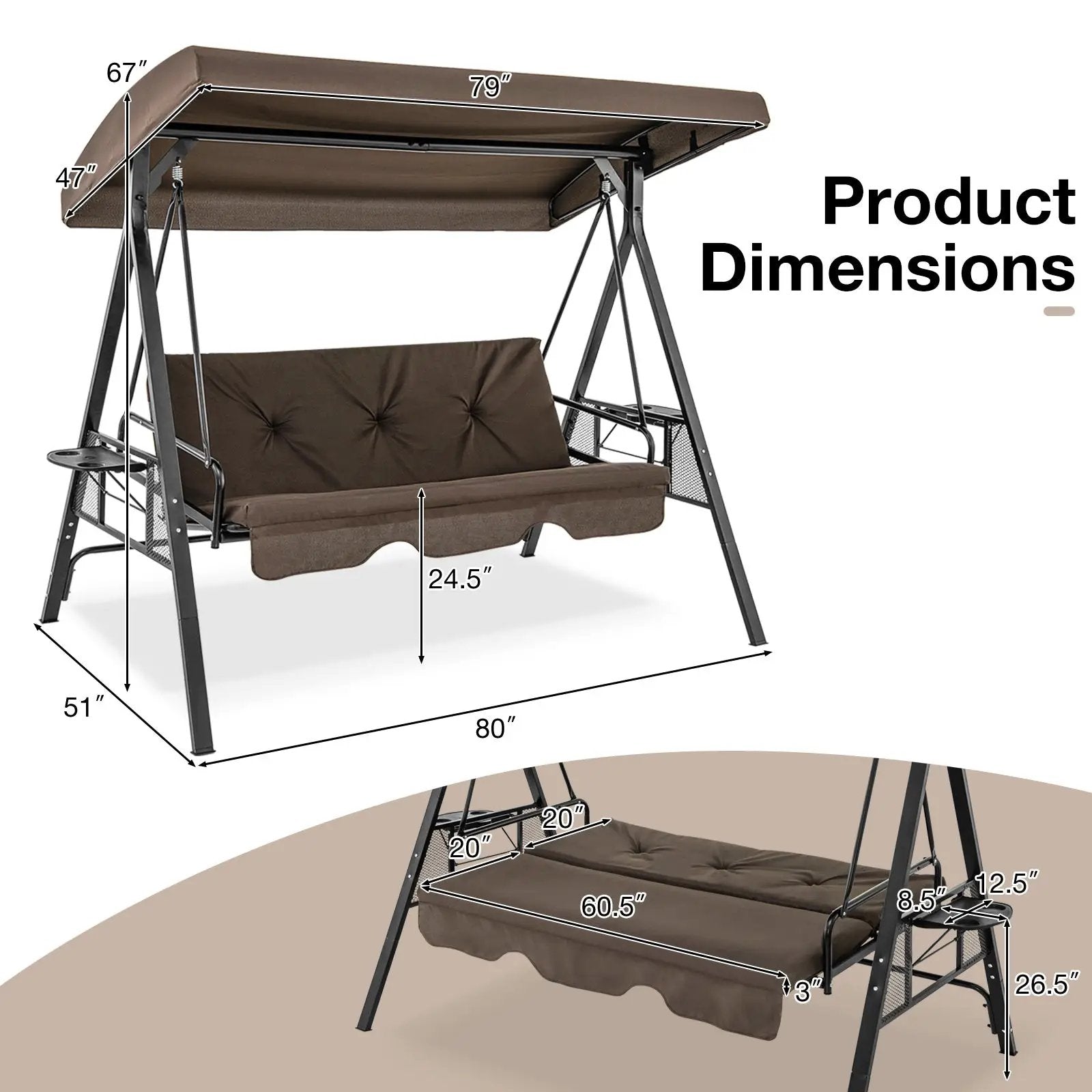 3-Seat Convertible Porch Swing with Adjustable Canopy by DirectDeals