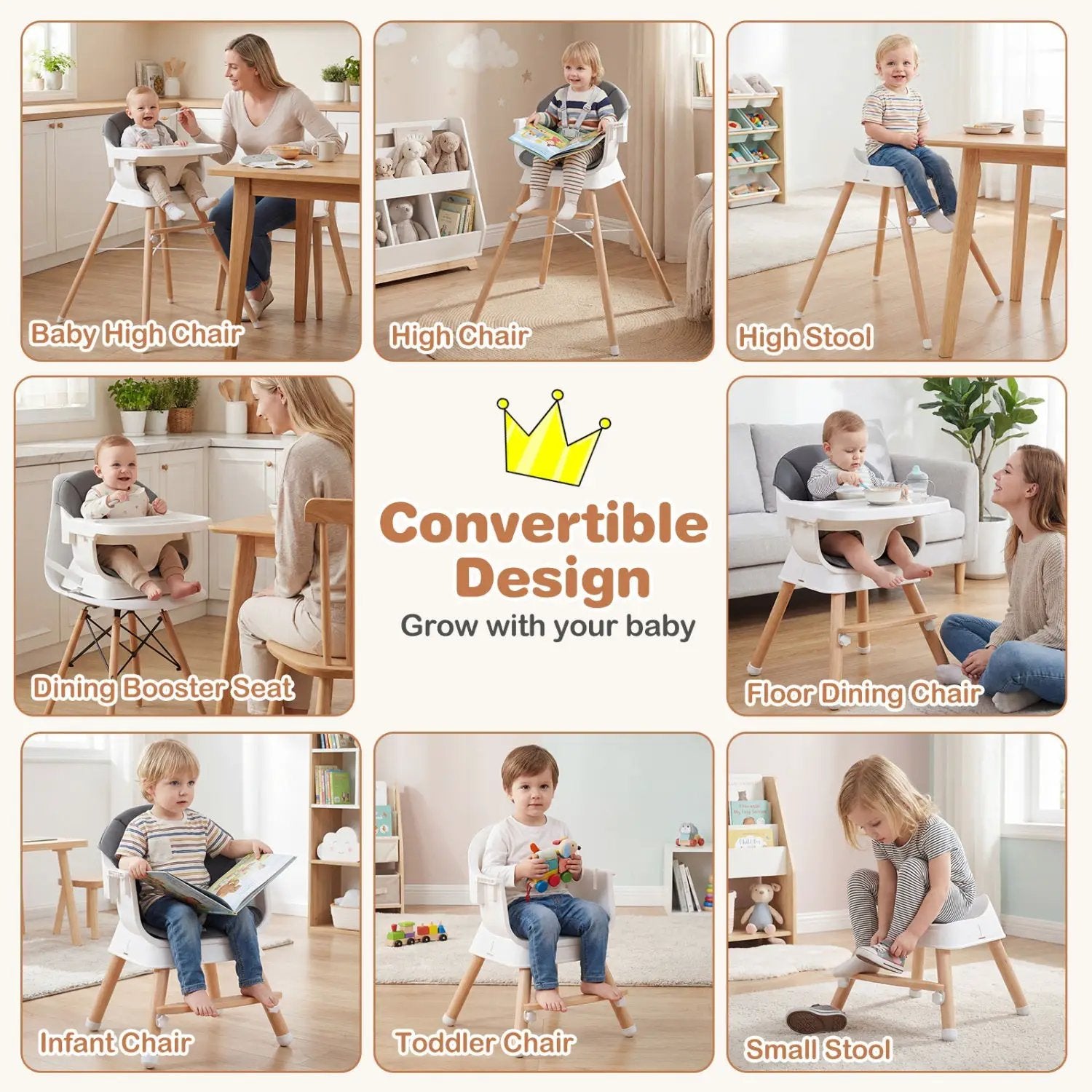 Convertible High Chair for Babies and Toddlers Solid Wood Baby Feeding Chair with 3-Position Adjustable Tray by DirectDeals