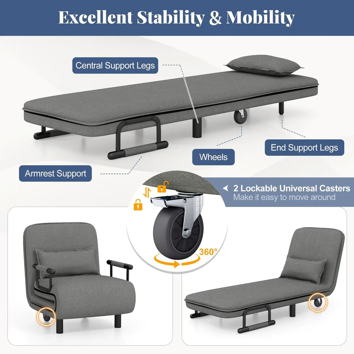 3-in-1 Convertible Sofa Bed with 5-Position Adjustable Backrest and Lumbar Pillow by DirectDeals