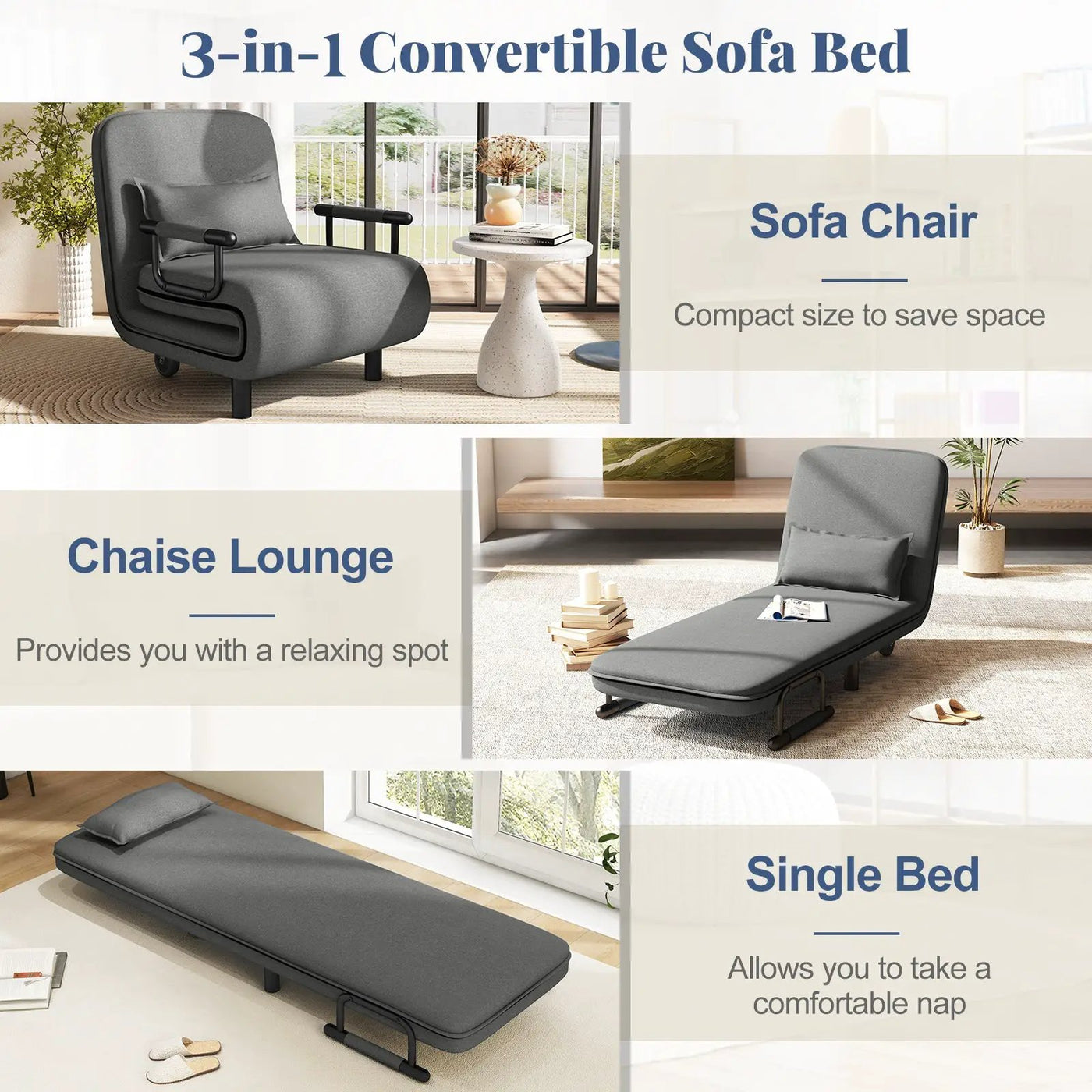 3-in-1 Convertible Sofa Bed with 5-Position Adjustable Backrest and Lumbar Pillow by DirectDeals