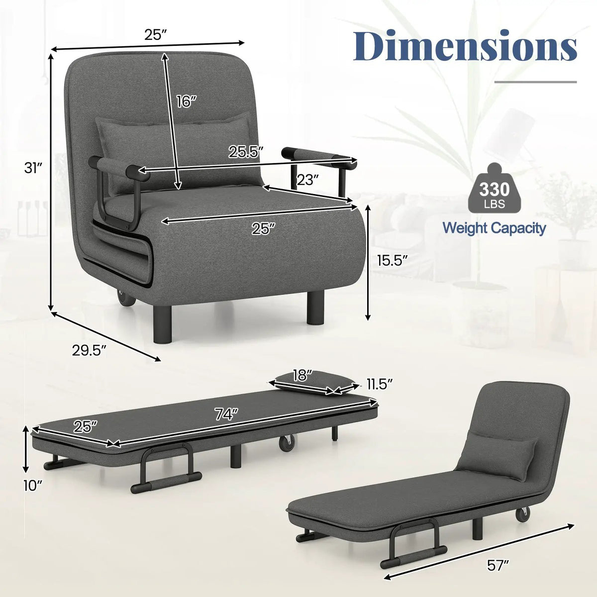 3-in-1 Convertible Sofa Bed with 5-Position Adjustable Backrest and Lumbar Pillow by DirectDeals
