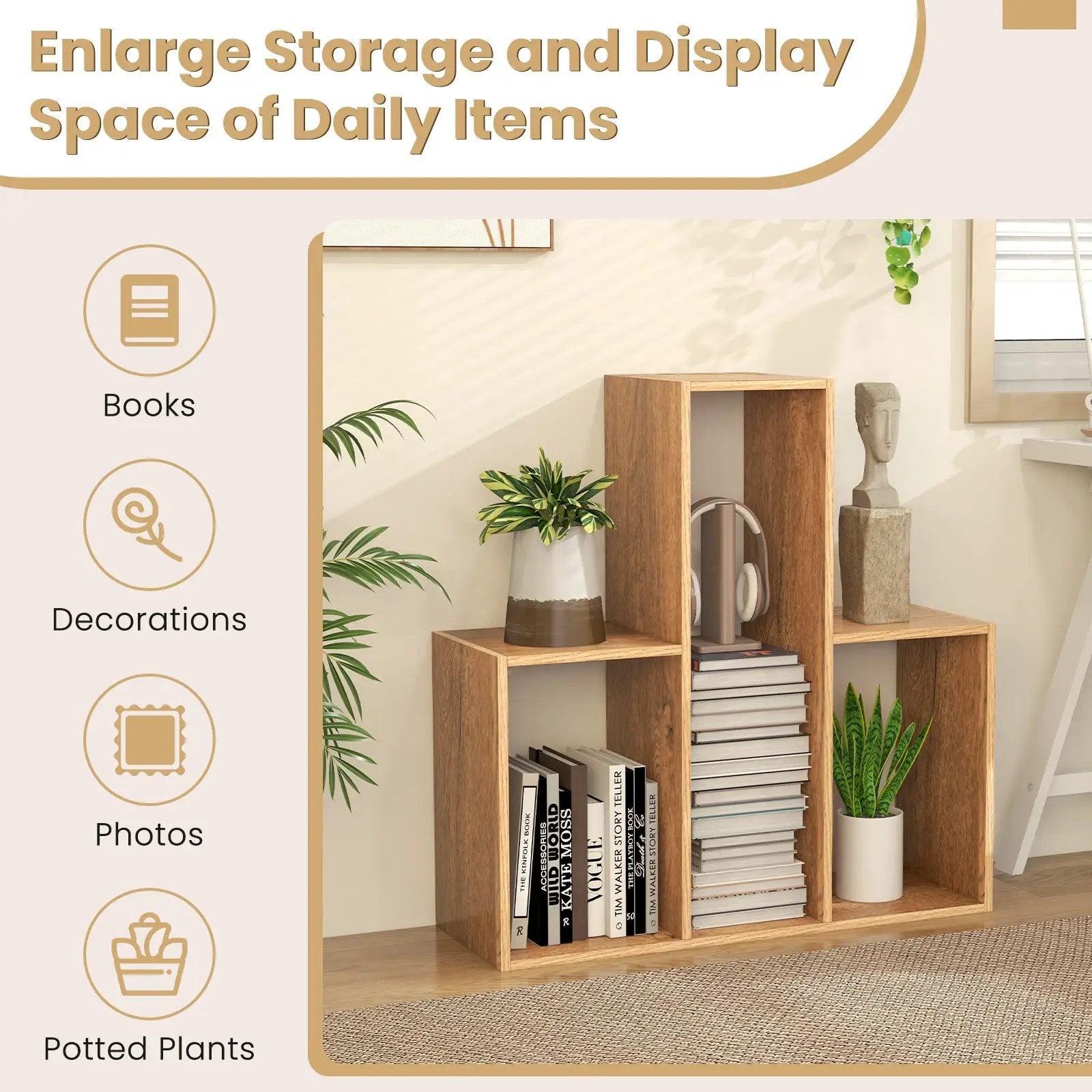 Convex Bookshelf 3-Shelf Open Bookcase Room Organizer with Anti-Toppling Device by DirectDeals