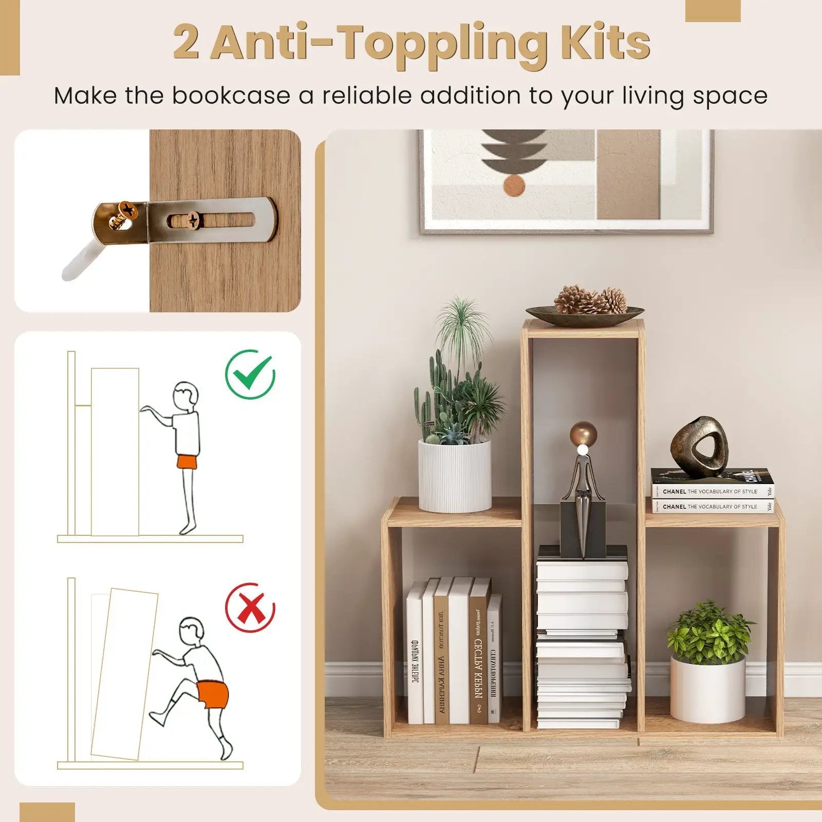 Convex Bookshelf 3-Shelf Open Bookcase Room Organizer with Anti-Toppling Device by DirectDeals
