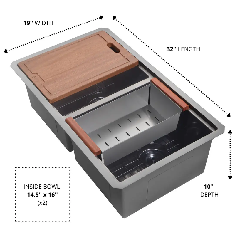 Zeek 32" Workstation Double Bowl Gunmetal Matte Black Undermount / Drop-In Kitchen Sink With Accessories PVD Nano Tech Coating ENZO ZW-B509 by ZEEK