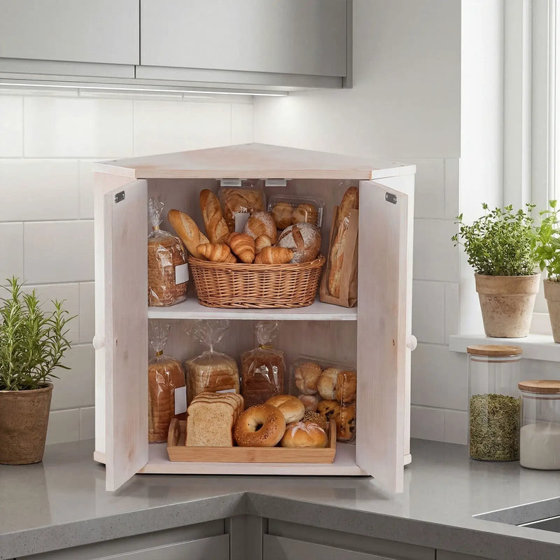 Corner Bread Box for Kitchen Counter Bamboo Double Layer Breadbox Organizer-White by DirectDeals