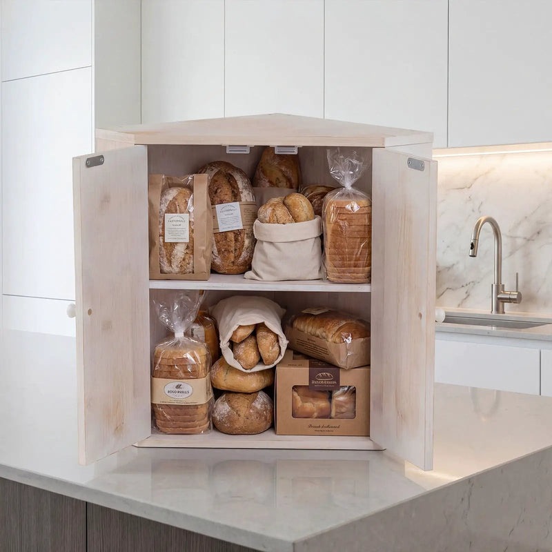 Corner Bread Box for Kitchen Counter Bamboo Double Layer Breadbox Organizer-White by DirectDeals