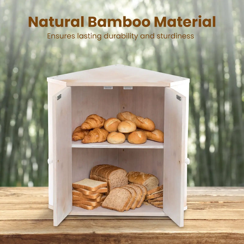Corner Bread Box for Kitchen Counter Bamboo Double Layer Breadbox Organizer-White by DirectDeals