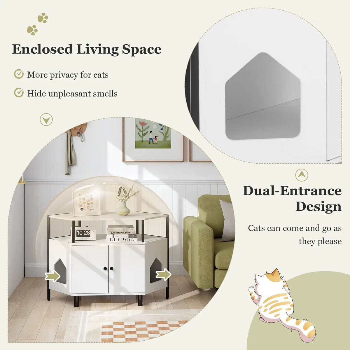 Corner Cat Litter Box Enclosure with Open Shelf 2 Entrances and Metal Legs by DirectDeals