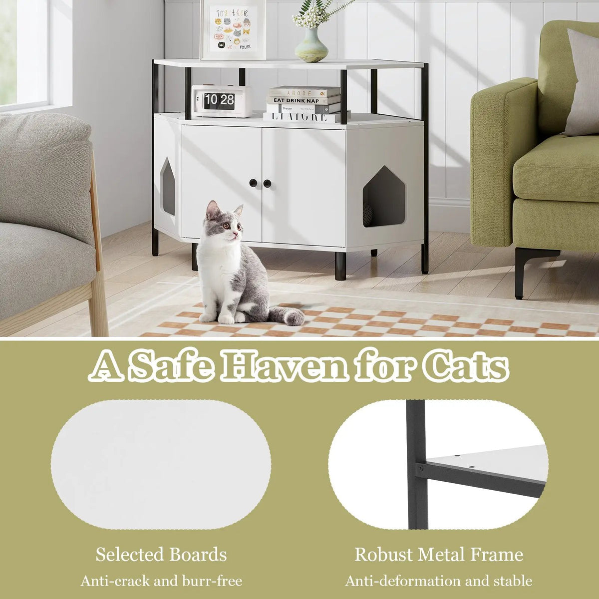 Corner Cat Litter Box Enclosure with Open Shelf 2 Entrances and Metal Legs by DirectDeals