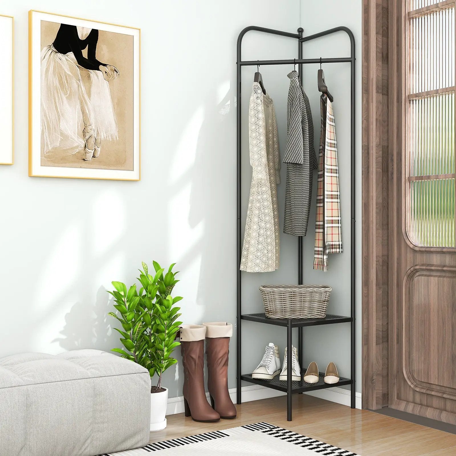 Corner Coat Rack with Top Hanger and 2 Mesh Shelves for Entryway Hallway Living Room Bedroom by DirectDeals