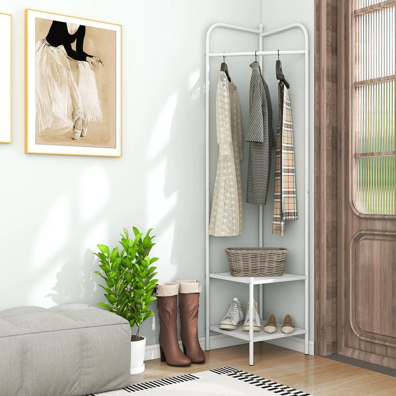 Corner Coat Rack with Top Hanger and 2 Mesh Shelves for Entryway Hallway Living Room Bedroom by DirectDeals
