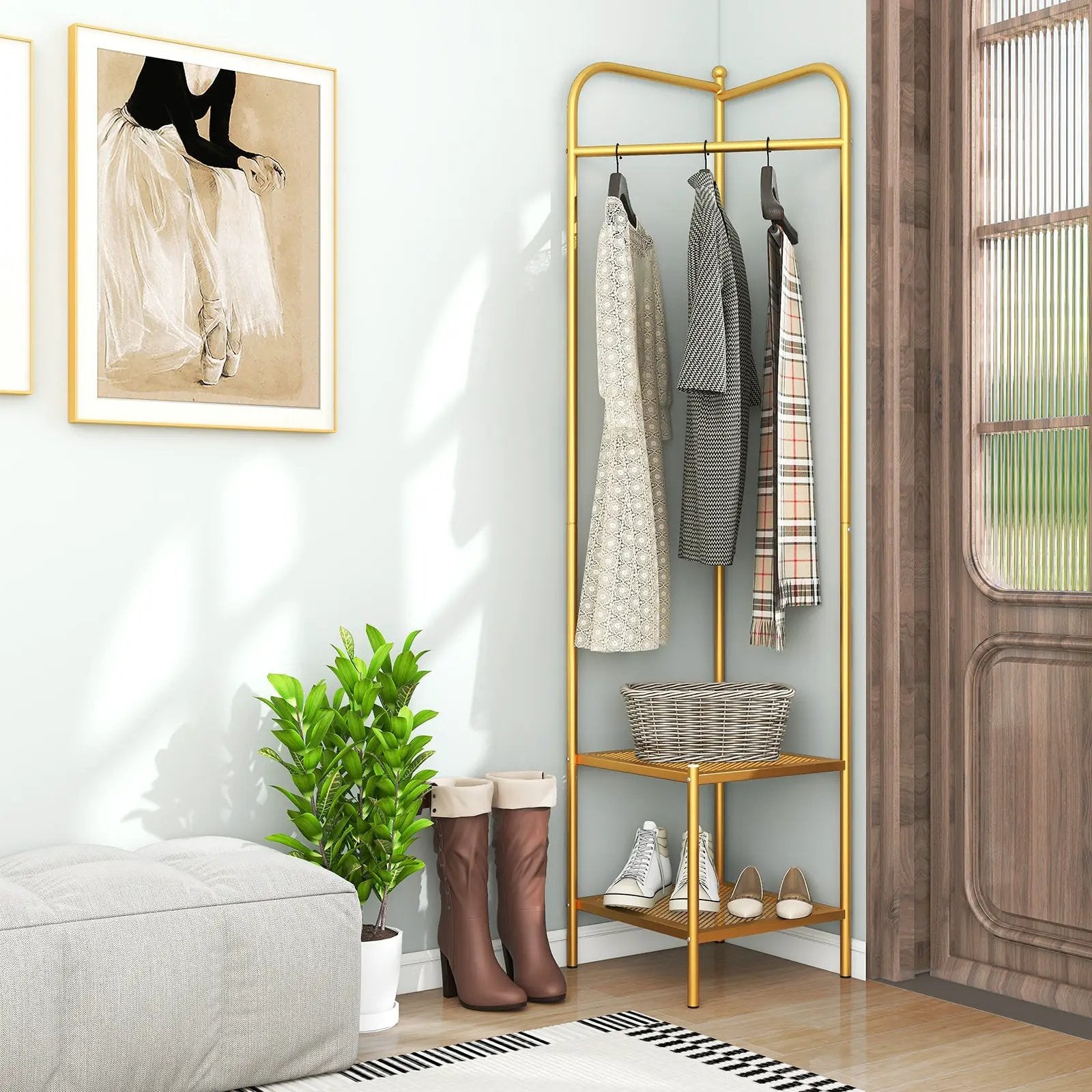 Corner Coat Rack with Top Hanger and 2 Mesh Shelves for Entryway Hallway Living Room Bedroom by DirectDeals
