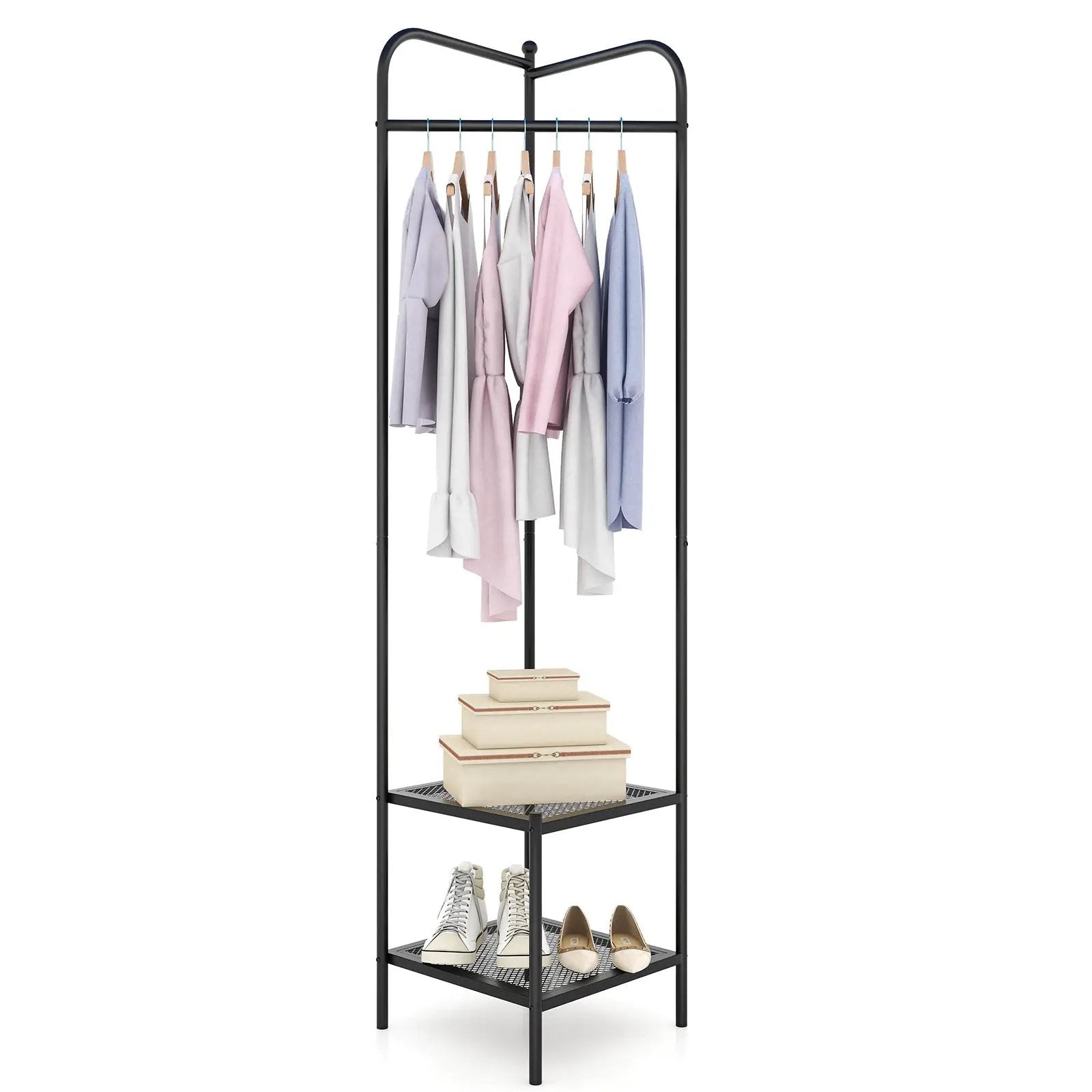 Corner Coat Rack with Top Hanger and 2 Mesh Shelves for Entryway Hallway Living Room Bedroom by DirectDeals