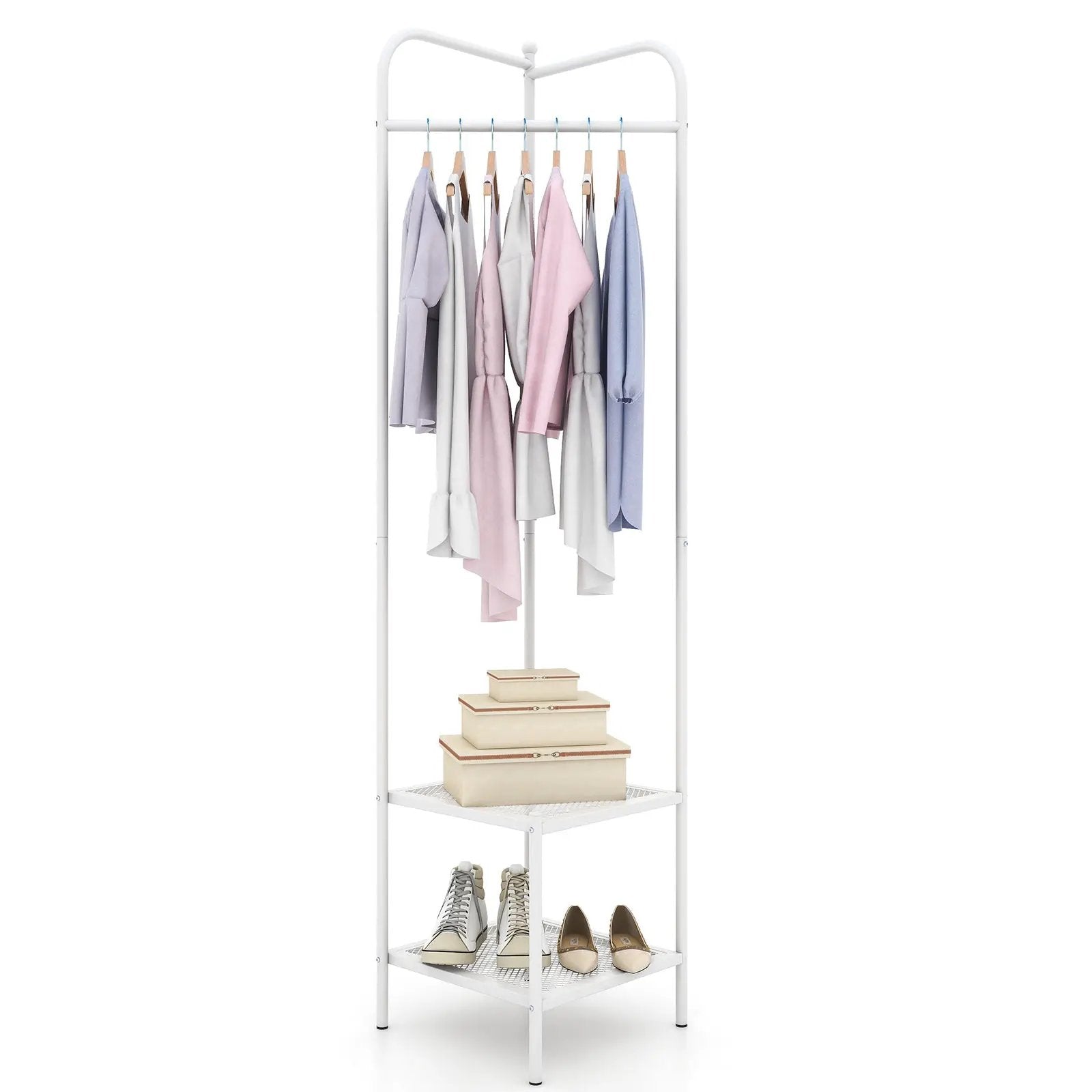 Corner Coat Rack with Top Hanger and 2 Mesh Shelves for Entryway Hallway Living Room Bedroom by DirectDeals